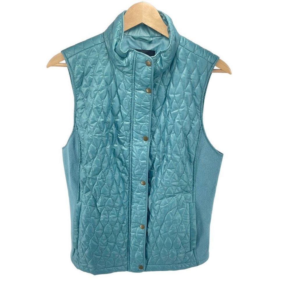 Talbots Womens Quilted Puffer Jacket Vest Lined Full Zip Snap Button Blue Medium